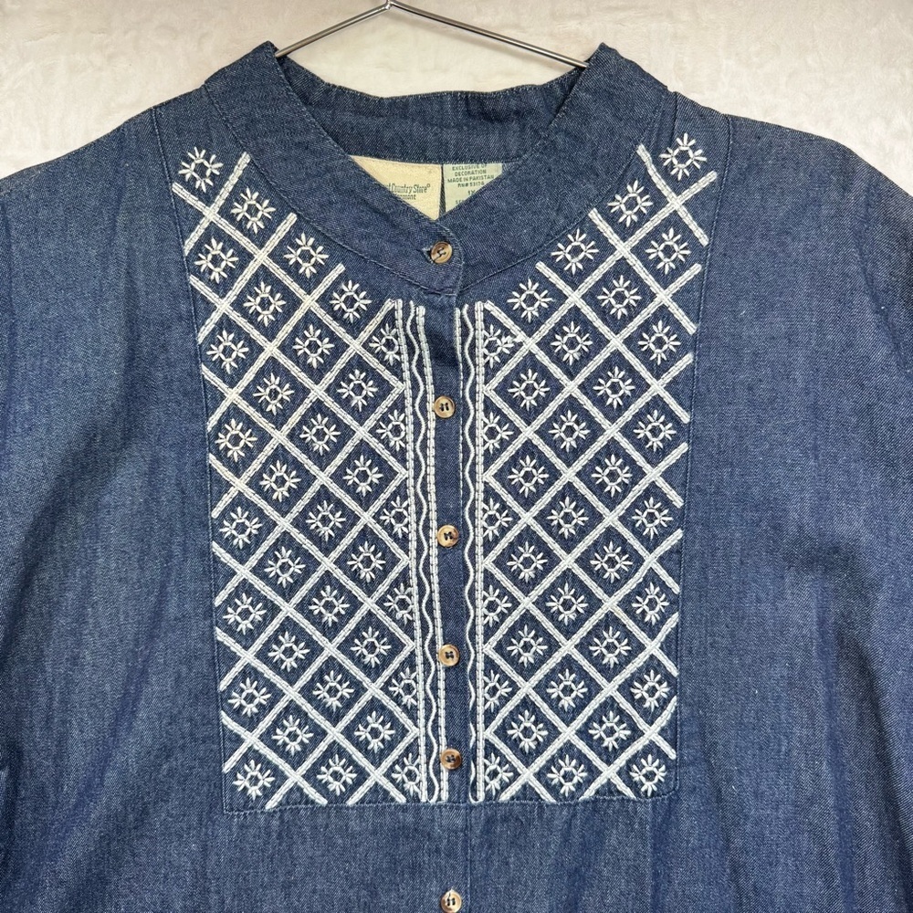 Vintage Denim Shirt The Vermont Company Embroidered Western Boho Cottagecore 1X - Picture 2 of 5